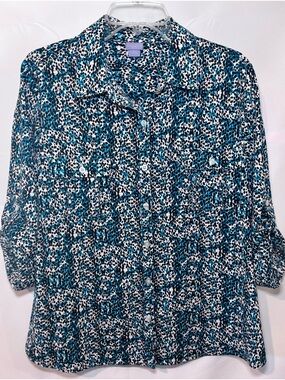 Laura Scott Petite Turquoise & Black Animal Print Button Down Top Size XL